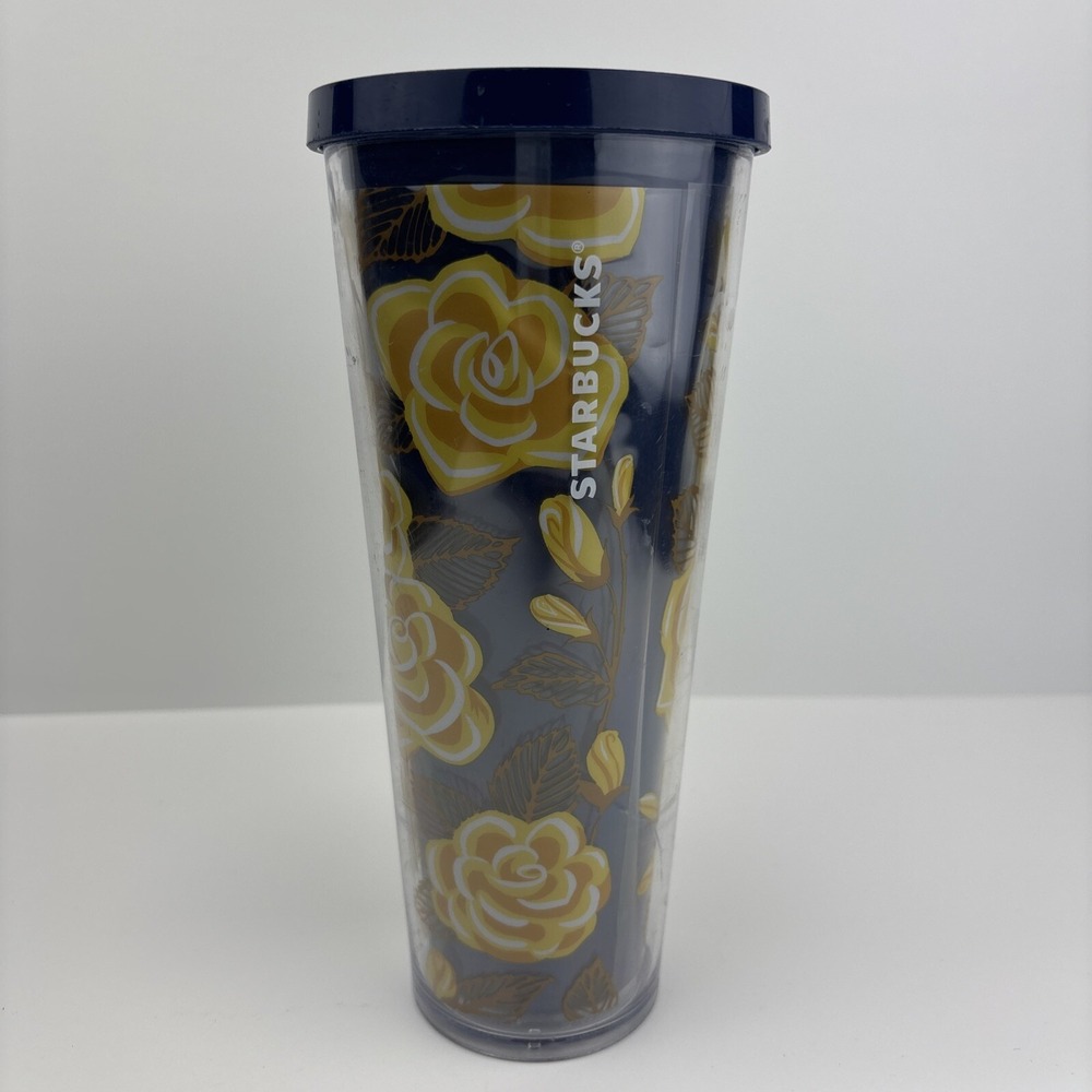 Starbucks Coffee Texas Yellow Navy Rose Flowers 24oz Tumbler Mug - No Straw